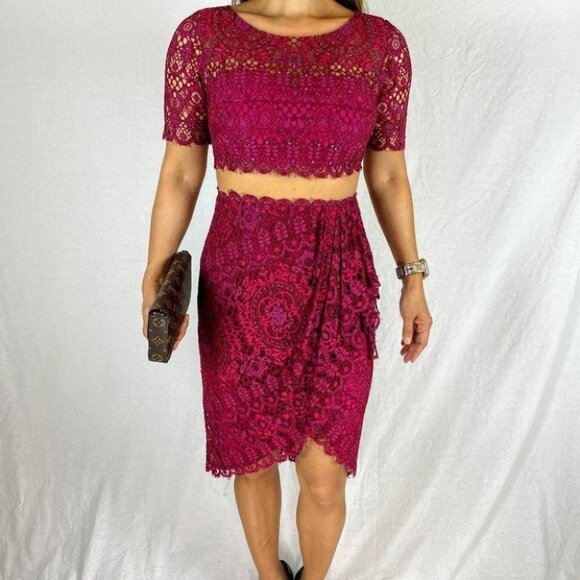 Marchesa Notte Deep Red Lace Sheer Dress $795 - Picture 2 of 12